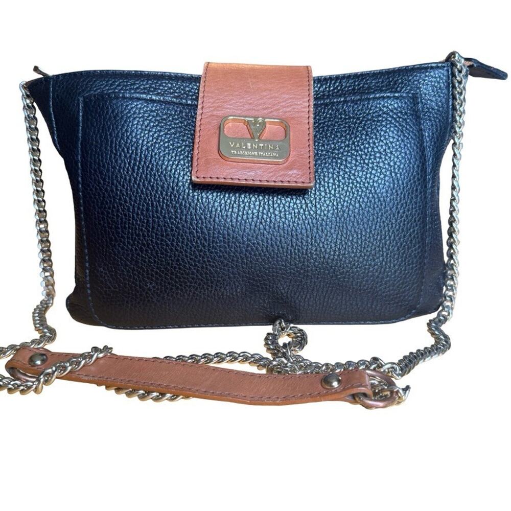 Valentina Womens Black Brown Pebble Leather Chain Strap Shoulder Bag Purse 11x7